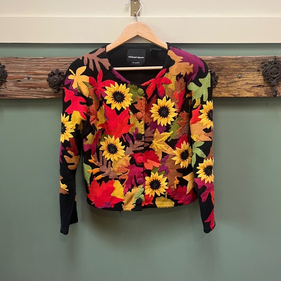 Michael Simon Sweaters - Michael Simon Vintage 1998 Sunflower Fall Leaf Beaded Cardigan Sweater Womens S